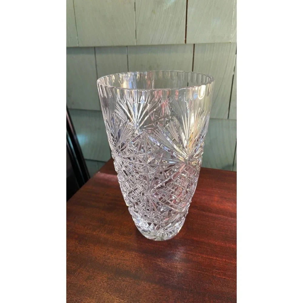 Large‎ Heavy Lead Crystal Vase Hand Cut Starburst Scalloped Rim Clear Glass